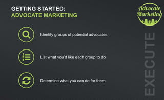 Identify groups of potential advocates
GETTING STARTED:
ADVOCATE MARKETING
List what you’d like each group to do
Determine what you can do for them
 