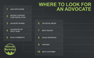 WHERE TO LOOK FOR
AN ADVOCATEHIGH NPS SCORE
RECENT SUPPORT
CASE RESOLUTION
ADVISORY BOARD
SUGGESTED BY
FIELD TEAM
BLOG COMMENTS
ON SOCIAL MEDIA
BETA TESTER
SALES REFRENCE
PARTNER
NEW CUSTOMER
1
2
3
4
5
6
7
8
9
10
 