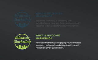 WHAT IS ADVOCATE
MARKETING?
Advocate marketing is engaging your advocates
to support sales and marketing objectives and
recognizing their participation.
 
