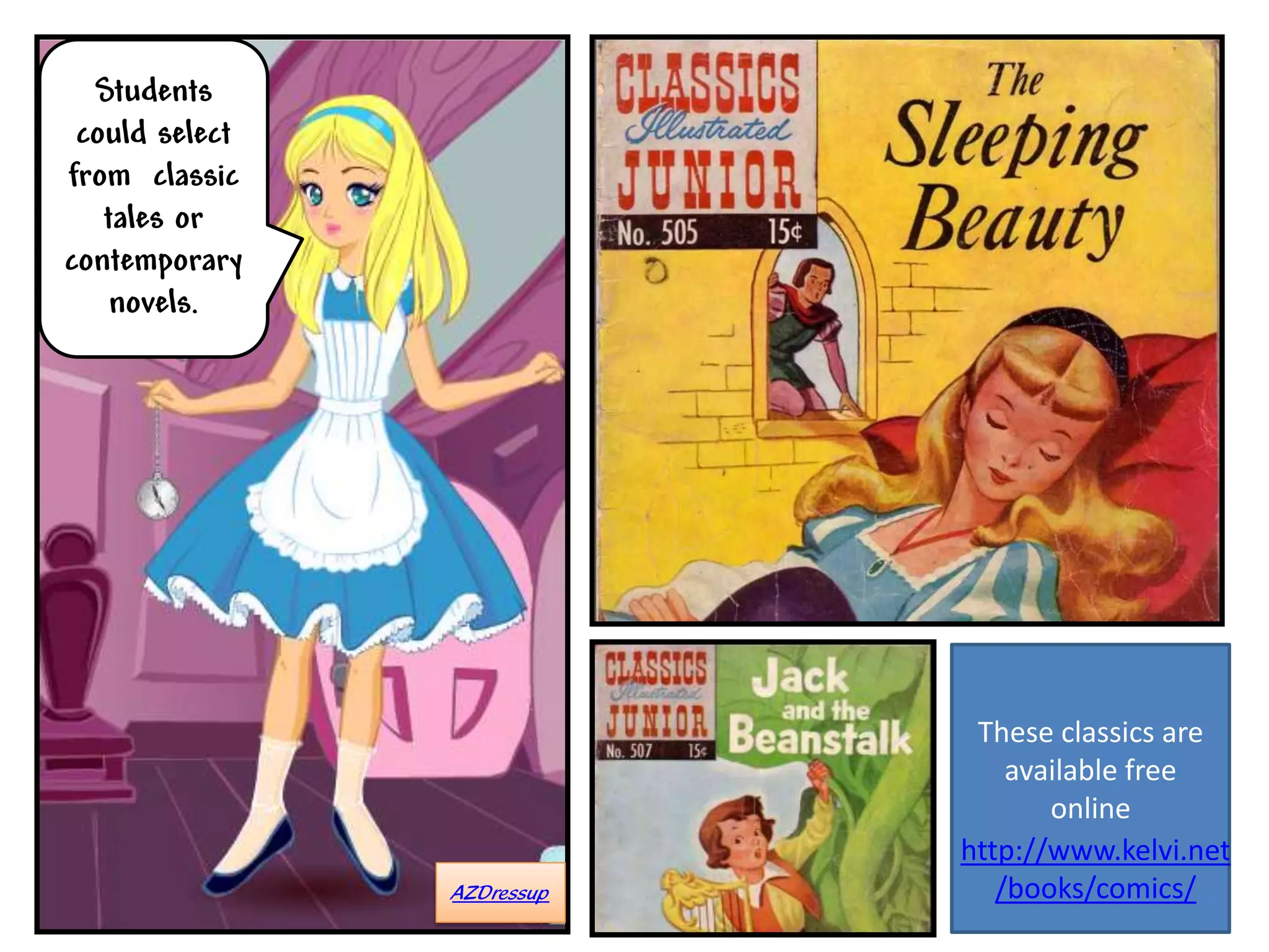 Students
 could select
from classic
   tales or
contemporary
    novels.




                             These classics are
                                available free
                                   online
                            http://www.kelvi.net
                AZDressup      /books/comics/
 
