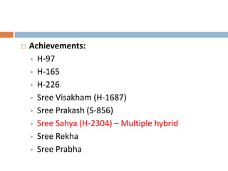  Achievements:
 H-97
 H-165
 H-226
 Sree Visakham (H-1687)
 Sree Prakash (S-856)
 Sree Sahya (H-2304) – Multiple hybrid
 Sree Rekha
 Sree Prabha
 