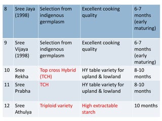 8 Sree Jaya
(1998)
Selection from
indigenous
germplasm
Excellent cooking
quality
6-7
months
(early
maturing)
9 Sree
Vijaya
(1998)
Selection from
indigenous
germplasm
Excellent cooking
quality
6-7
months
(early
maturing)
10 Sree
Rekha
Top cross Hybrid
(TCH)
HY table variety for
upland & lowland
8-10
months
11 Sree
Prabha
TCH HY table variety for
upland & lowland
8-10
months
12 Sree
Athulya
Triploid variety High extractable
starch
10 months
 