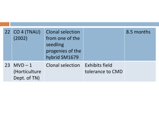 22 CO 4 (TNAU)
(2002)
Clonal selection
from one of the
seedling
progenies of the
hybrid SM1679
8.5 months
23 MVD – 1
(Horticulture
Dept. of TN)
Clonal selection Exhibits field
tolerance to CMD
 