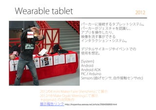 Wearable tablet

2012
パーカーに接続するタブレットシステム。
パーカーがジェスチャを認識し、
アプリを操作したり、
映像を流す事ができる
インタラクション・システム。
デジタルサイネージやイベントでの
使用を想定。
[System]
Android
Android ADK
PIC / Arduino
Sensors (曲げセンサ, 自作接触センサetc)

2012/04 mini Maker Faire Shenzhenにて展示
2012/18 Make Ogaki Meetingにて展示
＊pigmalとの合同制作
展示報告リンク http://kopanitsa.seesaa.net/article/268406868.html

 
