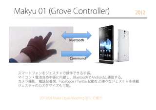 Makyu 01 (Grove Controller)

2012

Bluetooth	

Command	

スマートフォンをジェスチャで操作できる手袋。
マイコン・電池含め手袋に内蔵し、BluetoothでAndroidと通信する。
カメラ撮影、電話発着信、Facebook / Twitter起動など様々なジェスチャを搭載
ジェスチャのカスタマイズも可能。

2012/08 Make Ogaki Meeting 02にて展示

 