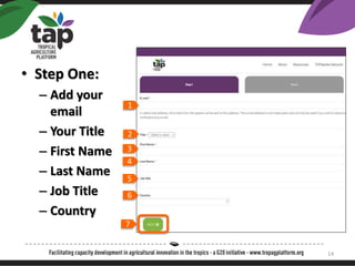 ? Step One:
C Add your
email
C Your Title
C First Name
C Last Name
C Job Title
C Country
1
2
3
4
5
6
7
14
 