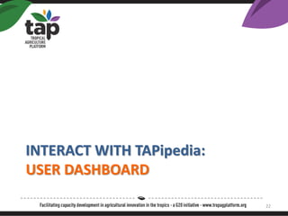 INTERACT WITH TAPipedia:
USER DASHBOARD
22
 