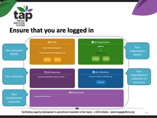 Ensure that you are logged in
Your
organization
details
Your personal
details
Your resources
Your
organizations
collection of
resources
Your
bookmarked
resources
23
 