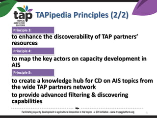 TAPipedia Principles (2/2)
to enhance the discoverability of TAP partners
resources
to map the key actors on capacity development in
AIS
to create a knowledge hub for CD on AIS topics from
the wide TAP partners network
to provide advanced filtering & discovering
capabilities
Principle 3:
Principle 4:
Principle 5:
5
 