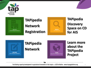 TAPipedia
Network
Registration
TAPipedia
Network
Learn more
about the
TAPipedia
Project
TAPipedia
Discovery
Space on CD
for AIS
7
 