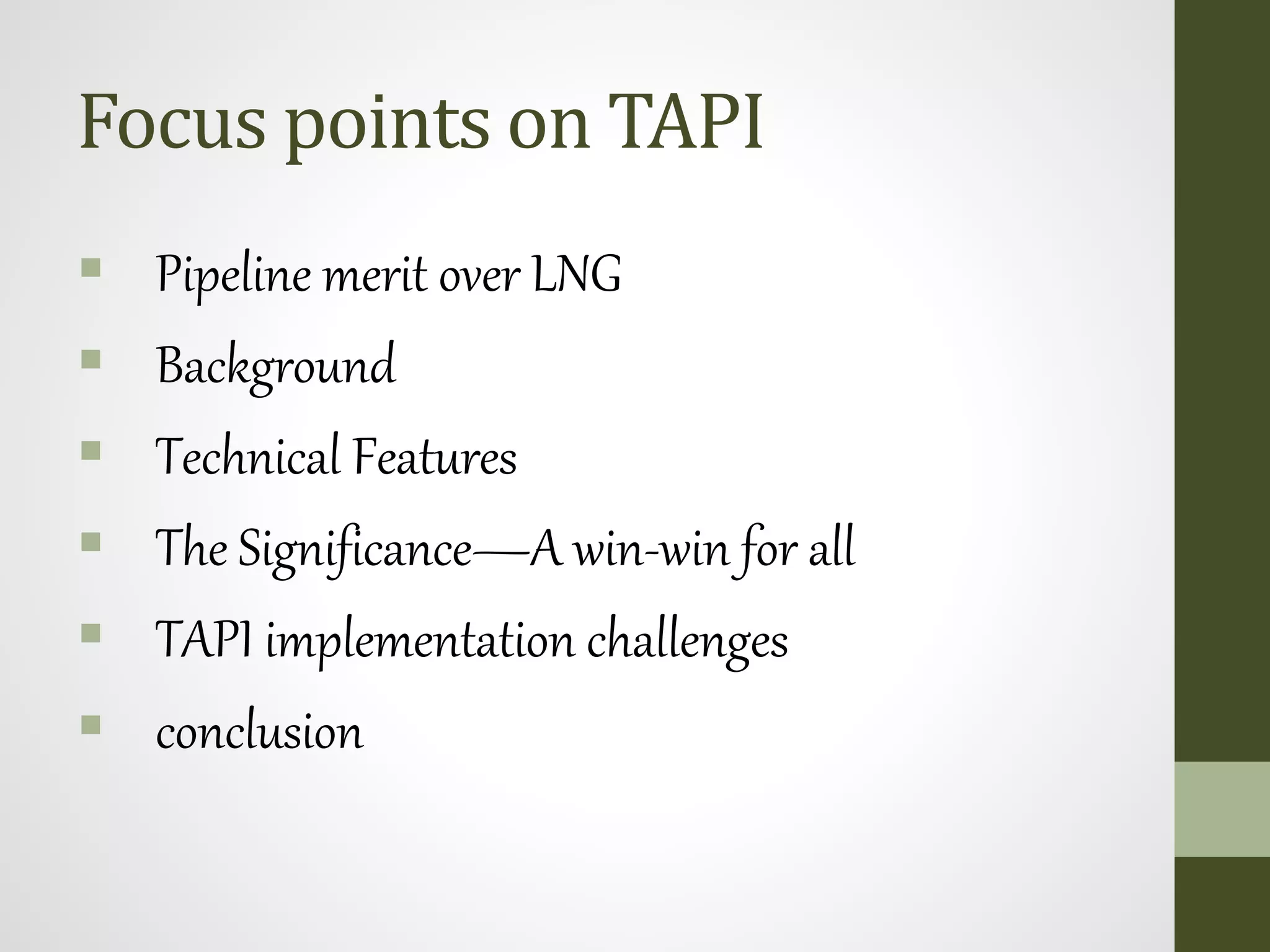 Focus points on TAPI
 Pipeline merit over LNG
 Background
 Technical Features
 The Significance―A win-win for all
 TAPI implementation challenges
 conclusion
 