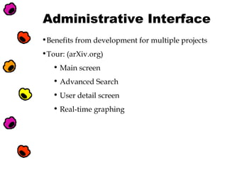 Administrative Interface
•Benefits from development for multiple projects
•Tour: (arXiv.org)
• Main screen
• Advanced Search
• User detail screen
• Real-time graphing

 