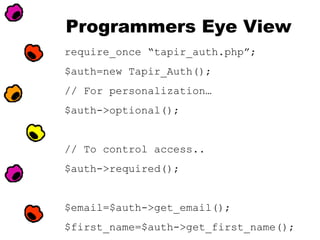 Programmers Eye View
require_once “tapir_auth.php”;
$auth=new Tapir_Auth();
// For personalization…
$auth->optional();

// To control access..
$auth->required();

$email=$auth->get_email();
$first_name=$auth->get_first_name();

 