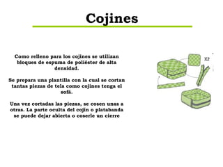 Como relleno para los cojines se utilizan bloques de espuma de poliéster de alta densidad. Se prepara una plantilla con la cual se cortan tantas piezas de tela como cojines tenga el sofá. Una vez cortadas las piezas, se cosen unas a otras. La parte oculta del cojín o platabanda se puede dejar abierta o coserle un cierre Cojines 