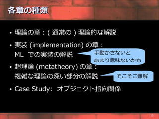 各章の種類

●   理論の章 : ( 通常の ) 理論的な解説
●   実装 (implementation) の章 :
    ML での実装の解説           手動かさないと
                        あまり意味ないかも
●   超理論 (metatheory) の章 :
    複雑な理論の深い部分の解説           そこそこ難解

●   Case Study: オブジェクト指向関係


                                     15
 