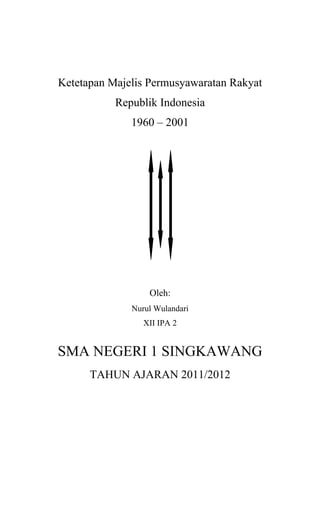 Ketetapan Majelis Permusyawaratan Rakyat
           Republik Indonesia
              1960 – 2001




                  Oleh:
              Nurul Wulandari
                 XII IPA 2


SMA NEGERI 1 SINGKAWANG
      TAHUN AJARAN 2011/2012
 
