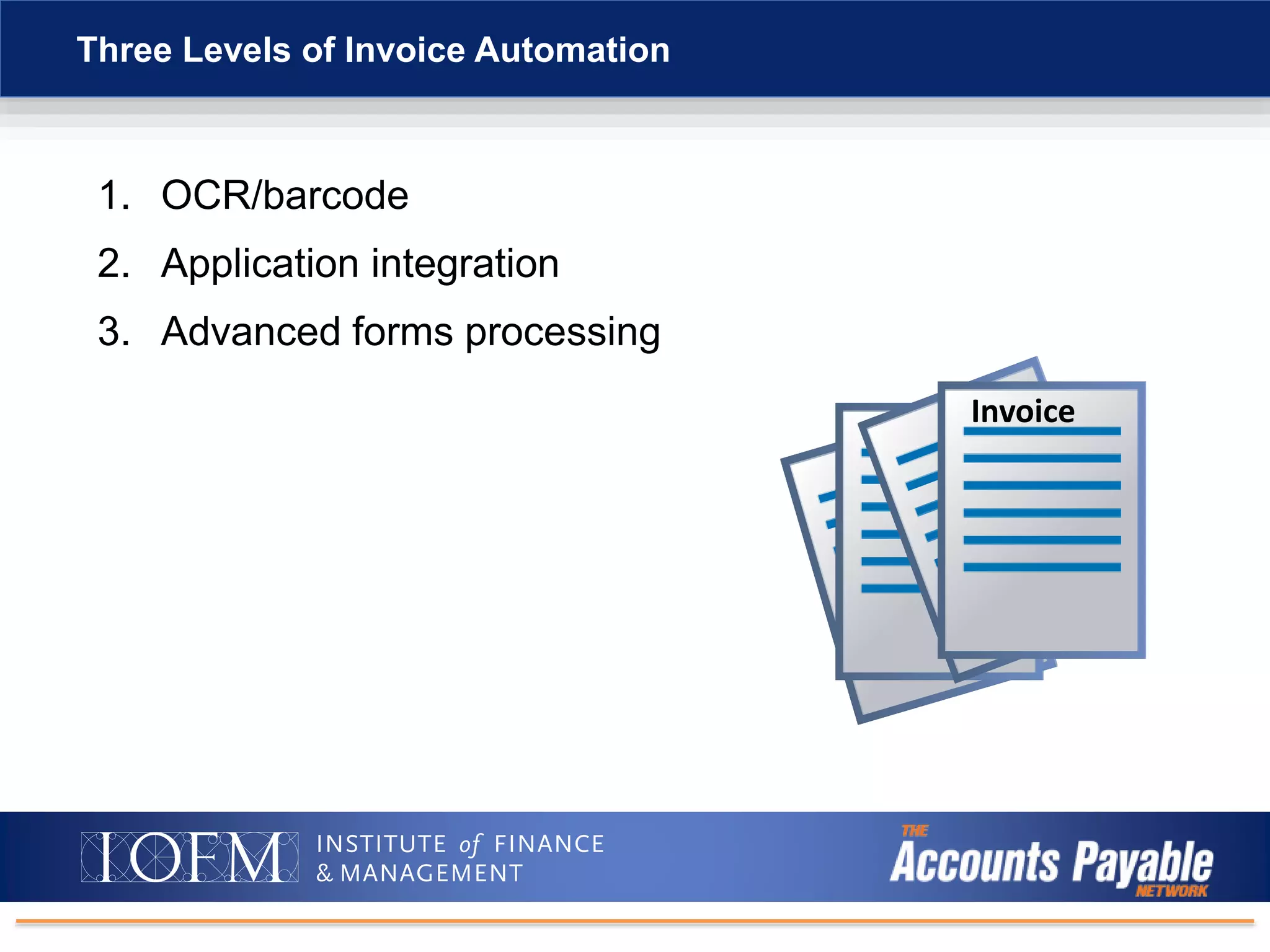 1. OCR/barcode
2. Application integration
3. Advanced forms processing
Three Levels of Invoice Automation
Invoice
 