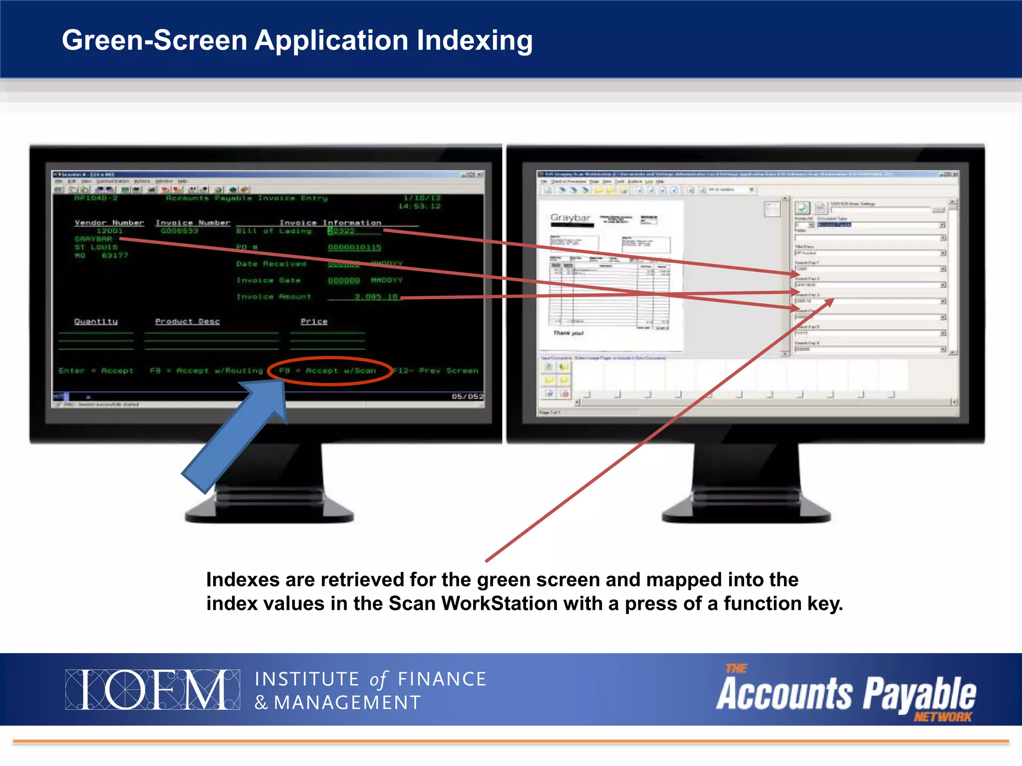 Green-Screen Application Indexing
Indexes are retrieved for the green screen and mapped into the
index values in the Scan WorkStation with a press of a function key.
 