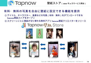 壁紙ストア（ 201 2 年 2 月サービス開始）　

有料・無料の写真を自由に壁紙に設定できる機能を提供
① アイドル、キャラクター、風景などの写真（有料・無料）をダウンロードできる
  Tapnow壁紙ストアをオープン
② スクリーンごとに壁紙が切り替わる無料アプリ Tapnow壁紙クリエイターをリリース




                   Copyright ©2006-2012 ACCESSPORT INC. All Rights Reserved.- Confidential -   15
 