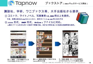 ブックストア（ 201 2 年 6 月サービス開始）　

講談社、学研、ワニブックス等、大手出版社から提供
① コミック、ライトノベル、写真集等 1 2, 000 冊以上を提供。
　今後、提携出版社は 200 社以上となり、提供タイトル 30, 000 冊に拡充予定
②. book 形式、 XM 形式、 HyComi c ファイルに対応。
              DF
　 3 種のファイル形式も同一の操作で閲覧可能。余計な手間を省いた快適な読書環境を提供。




 欲しい書籍、人気の書籍がひと目    購入した書籍を整理して保存できる                  今、話題の書籍･コミックを多数販売。
 で分かる使いやすいメニュー      Tapnow専用の本棚                       スマホでもタブレットでも軽快に動作
                           Copyright ©2006-2012 ACCESSPORT INC. All Rights Reserved.- Confidential -   16
 