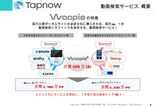 動画検索サービス 概要

                                       の特徴
     国内主要ポータルサイトのほぼ全社に導入される、国内 No. １の
       動画検索トラフィックを保有する、動画検索サービス！

日本を代表するメジャーポータルサイト群                   世界の先端を走る日本のモバイルパートナー群




                    月間 600 万 UU


Woopi e PC パートナー                             Woopi e モバイルパートナー
       月間 5, 400 万 PV                                 月間 2, 200 万 PV
        ２００６年にサービスを開始し、２年弱で国内検索シェア NO. 1 ！


                        Copyright ©2006-2012 ACCESSPORT INC. All Rights Reserved.- Confidential -   3
 