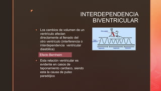 z
INTERDEPENDENCIA
BIVENTRICULAR
 Los cambios de volumen de un
ventrículo afectan
directamente al llenado del
otro ventrículo (interferencia o
interdependencia ventricular
diastólica)
 Esta relación ventricular es
evidente en casos de
taponamiento cardiaco, siendo
esta la causa de pulso
paradójico
Efecto Bernheim
 