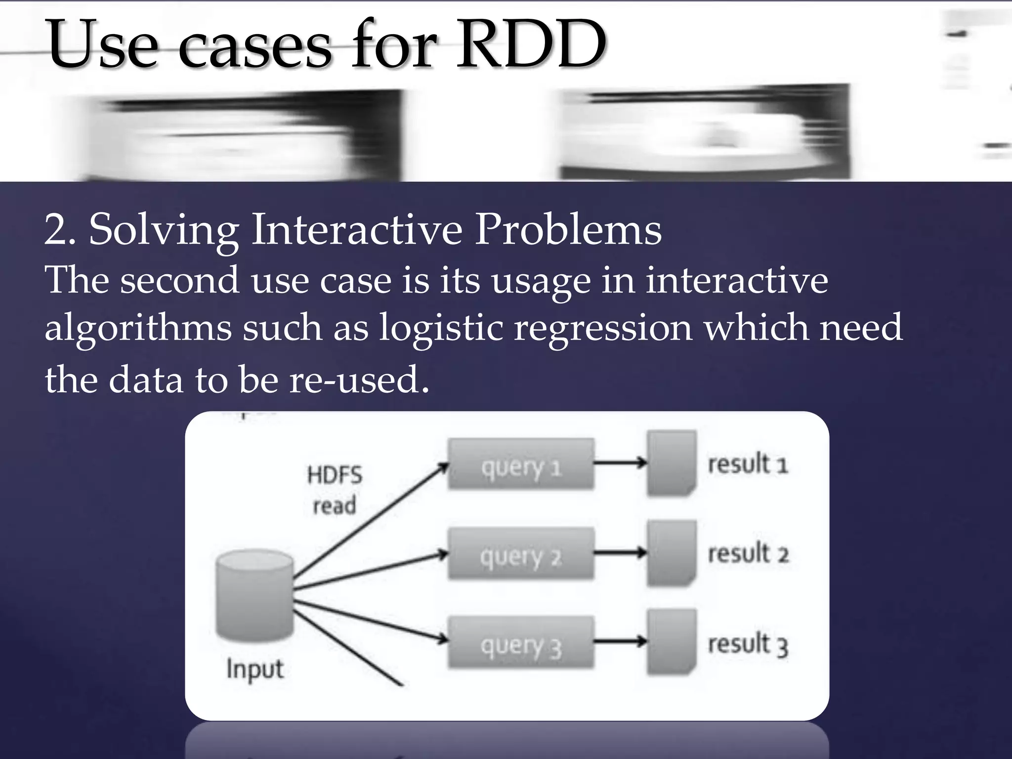 Use cases for RDD 
2. Solving Interactive Problems 
The second use case is its usage in interactive 
algorithms such as logistic regression which need 
the data to be re-used. 
 