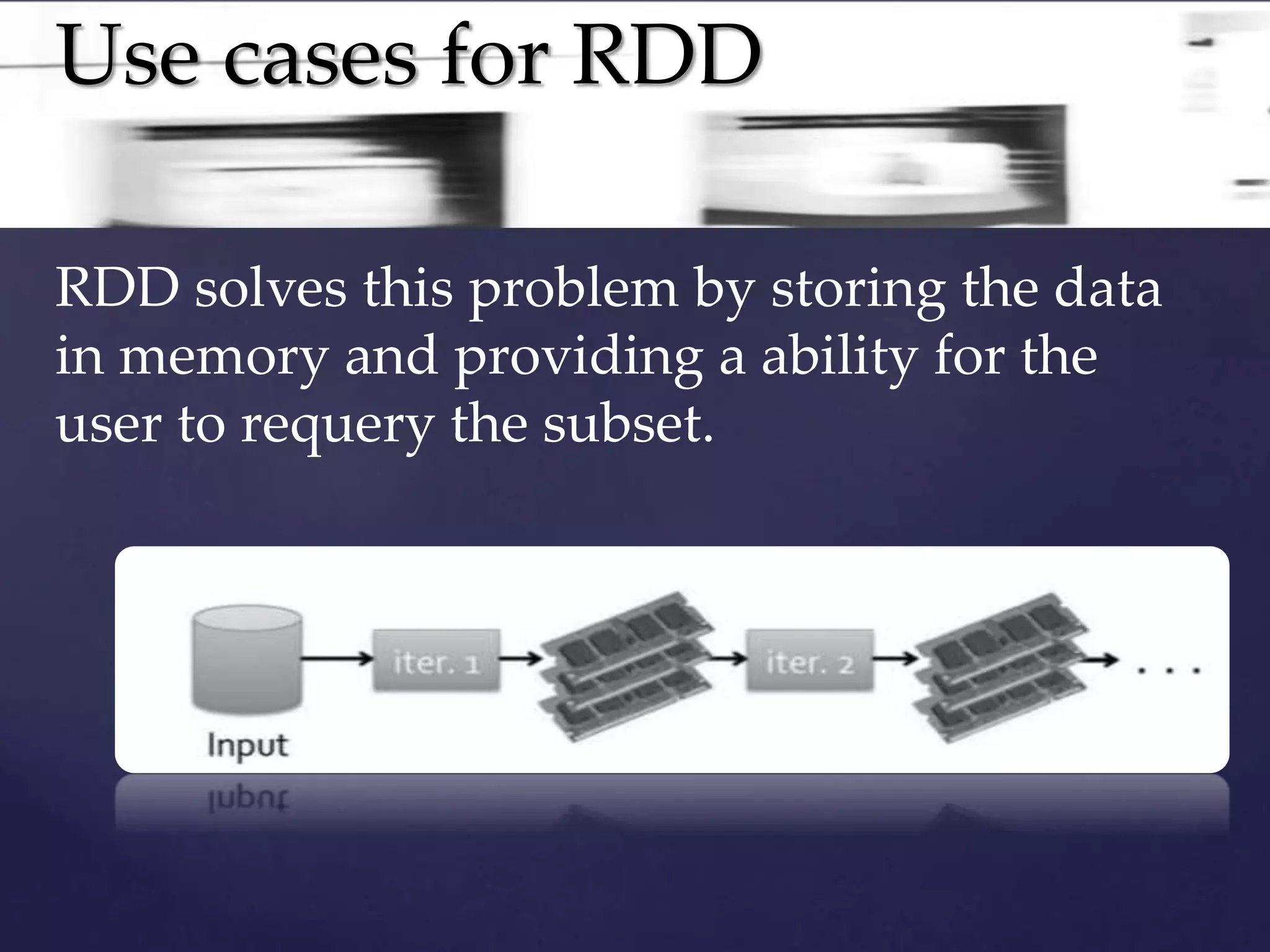 Use cases for RDD 
RDD solves this problem by storing the data 
in memory and providing a ability for the 
user to requery the subset. 
 