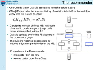 The recommender
    • One Quality Matrix QMFS is associated to each Feature Set FS
    • QMFS[MBi] encodes the success history of model builder MBi in the workflow
      every time FS is used as input:

         QM FS [MB h ] = G, B
                                                                                    input queue




    • G (resp B): number of times MBh has been
      observed to produce a good (resp. bad)
      model when applied to input FS                                                                 provenance
                                                                                                      case base


    • QMFS is updated every time FS appears in     Panel of Experts

                                                                      recommender

      the provenance graph
    • The builders’ historical success rate G                            expert

      induces a dynamic partial order on the MBi          Expert 1
                                                                         select
                                                                                          Expert n
                                                                                                        online
                                                                                                     provenance
                                                                                                       analysis

                                                                        results
                                                                        merge



    • For each run, the Recommender:
                                                                                  output queue
       • intercepts FS in the flow
       • returns partial order from QMFS


7
 