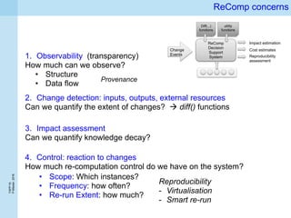 TAPP’16
P.Missier,2016
ReComp concerns
1. Observability (transparency)
How much can we observe?
• Structure
• Data flow
2. Change detection: inputs, outputs, external resources
Can we quantify the extent of changes?  diff() functions
4. Control: reaction to changes
How much re-computation control do we have on the system?
Provenance
3. Impact assessment
Can we quantify knowledge decay?
Reproducibility
- Virtualisation
- Smart re-run
• Scope: Which instances?
• Frequency: how often?
• Re-run Extent: how much?
Change
Events
Diff(.,.)
functions
utility
functions
Impact estimation
Cost estimates
Reproducibility
assessment
ReComp
Decision
Support
System
 