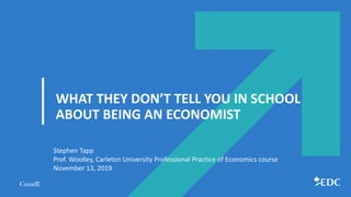 WHAT THEY DON’T TELL YOU IN SCHOOL
ABOUT BEING AN ECONOMIST
Stephen Tapp
Prof. Woolley, Carleton University Professional Practice of Economics course
November 13, 2019
 