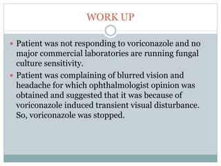 WORK UP
 Patient was not responding to voriconazole and no
major commercial laboratories are running fungal
culture sensitivity.
 Patient was complaining of blurred vision and
headache for which ophthalmologist opinion was
obtained and suggested that it was because of
voriconazole induced transient visual disturbance.
So, voriconazole was stopped.
 