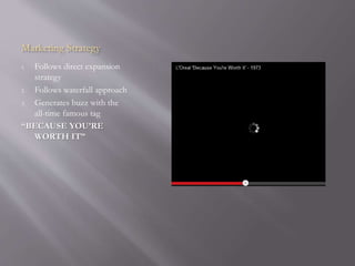 Marketing Strategy
1. Follows direct expansion
strategy
2. Follows waterfall approach
3. Generates buzz with the
all-time famous tag
“BECAUSE YOU’RE
WORTH IT”
 