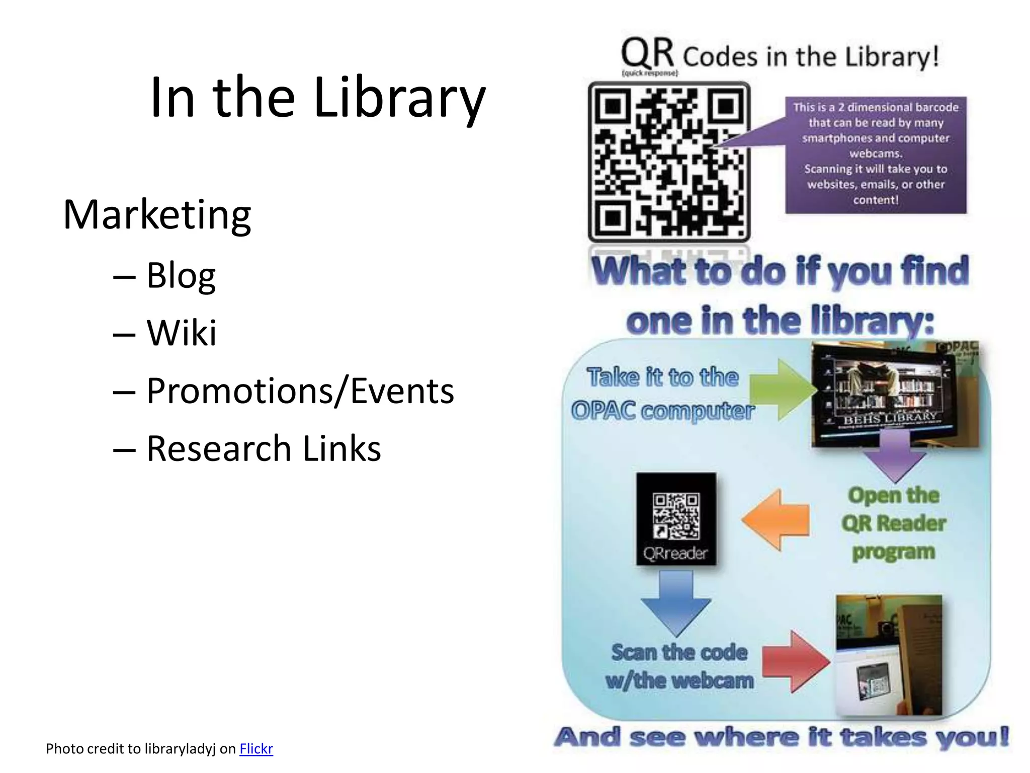 In the LibraryMarketingBlogWikiPromotions/EventsResearch LinksPhoto credit to libraryladyj on Flickr