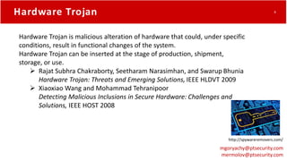 Hardware Trojan is malicious alteration of hardware that could, under specific
conditions, result in functional changes of...