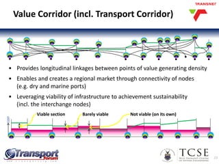 23
Value Corridor (incl. Transport Corridor)
• Provides longitudinal linkages between points of value generating density
• Enables and creates a regional market through connectivity of nodes
(e.g. dry and marine ports)
• Leveraging viability of infrastructure to achievement sustainability
(incl. the interchange nodes)
Core
Infrastructure
TIER 3
OPPORTUNITIES
TIER 4
OPPORTUNITIES
TIER 2
OPPORTUNITIES
TIER 1
OPPORTUNITIES
Core
Infrastructure
TIER 3
OPPORTUNITIES
TIER 4
OPPORTUNITIES
TIER 2
OPPORTUNITIES
TIER 1
OPPORTUNITIES
Core
Infrastructure
TIER 3
OPPORTUNITIES
TIER 4
OPPORTUNITIES
TIER 2
OPPORTUNITIES
TIER 1
OPPORTUNITIES
Core
Infrastructure
TIER 3
OPPORTUNITIES
TIER 4
OPPORTUNITIES
TIER 2
OPPORTUNITIES
TIER 1
OPPORTUNITIES
Core
Infrastructure
TIER 3
OPPORTUNITIES
TIER 4
OPPORTUNITIES
TIER 2
OPPORTUNITIES
TIER 1
OPPORTUNITIES
Core
Infrastructure
TIER 3
OPPORTUNITIES
TIER 4
OPPORTUNITIES
TIER 2
OPPORTUNITIES
TIER 1
OPPORTUNITIES
Core
Infrastructure
TIER 3
OPPORTUNITIES
TIER 4
OPPORTUNITIES
TIER 2
OPPORTUNITIES
TIER 1
OPPORTUNITIES
Core
Infrastructure
TIER 3
OPPORTUNITIES
TIER 4
OPPORTUNITIES
TIER 2
OPPORTUNITIES
TIER 1
OPPORTUNITIES
Core
Infrastructure
TIER 3
OPPORTUNITIES
TIER 4
OPPORTUNITIES
TIER 2
OPPORTUNITIES
TIER 1
OPPORTUNITIES
Core
Infrastructure
TIER 3
OPPORTUNITIES
TIER 4
OPPORTUNITIES
TIER 2
OPPORTUNITIES
TIER 1
OPPORTUNITIES
Core
Infrastructure
TIER 3
OPPORTUNITIES
TIER 4
OPPORTUNITIES
TIER 2
OPPORTUNITIES
TIER 1
OPPORTUNITIES
Core
Infrastructure
TIER 3
OPPORTUNITIES
TIER 4
OPPORTUNITIES
TIER 2
OPPORTUNITIES
TIER 1
OPPORTUNITIES
Core
Infrastructure
TIER 3
OPPORTUNITIES
TIER 4
OPPORTUNITIES
TIER 2
OPPORTUNITIES
TIER 1
OPPORTUNITIES
Core
Infrastructure
TIER 3
OPPORTUNITIES
TIER 4
OPPORTUNITIES
TIER 2
OPPORTUNITIES
TIER 1
OPPORTUNITIES
Core
Infrastructure
TIER 3
OPPORTUNITIES
TIER 4
OPPORTUNITIES
TIER 2
OPPORTUNITIES
TIER 1
OPPORTUNITIES
Core
Infrastructure
TIER 3
OPPORTUNITIES
TIER 4
OPPORTUNITIES
TIER 2
OPPORTUNITIES
TIER 1
OPPORTUNITIES
Core
Infrastructure
TIER 3
OPPORTUNITIES
TIER 4
OPPORTUNITIES
TIER 2
OPPORTUNITIES
TIER 1
OPPORTUNITIES
Core
Infrastructure
TIER 3
OPPORTUNITIES
TIER 4
OPPORTUNITIES
TIER 2
OPPORTUNITIES
TIER 1
OPPORTUNITIES
Core
Infrastructure
TIER 3
OPPORTUNITIES
TIER 4
OPPORTUNITIES
TIER 2
OPPORTUNITIES
TIER 1
OPPORTUNITIES
Core
Infrastructure
TIER 3
OPPORTUNITIES
TIER 4
OPPORTUNITIES
TIER 2
OPPORTUNITIES
TIER 1
OPPORTUNITIES
Core
Infrastructure
TIER 3
OPPORTUNITIES
TIER 4
OPPORTUNITIES
TIER 2
OPPORTUNITIES
TIER 1
OPPORTUNITIES
Core
Infrastructure
TIER 3
OPPORTUNITIES
TIER 4
OPPORTUNITIES
TIER 2
OPPORTUNITIES
TIER 1
OPPORTUNITIES
Core
Infrastructure
TIER 3
OPPORTUNITIES
TIER 4
OPPORTUNITIES
TIER 2
OPPORTUNITIES
TIER 1
OPPORTUNITIES
Core
Infrastructure
COST
Viable section Barely viable Not viable (on its own)
Core
Infrastructure
Core
Infrastructure
Core
Infrastructure
Core
Infrastructure
Core
Infrastructure
Core
Infrastructure
Core
Infrastructure
Core
Infrastructure
Core
Infrastructure
Core
Infrastructure
Core
Infrastructure
TIER 3
OPPORTUNITIES
TIER 4
OPPORTUNITIES
TIER 2
OPPORTUNITIES
TIER 1
OPPORTUNITIES
Core
Infrastructure
TIER 3
OPPORTUNITIES
TIER 4
OPPORTUNITIES
TIER 2
OPPORTUNITIES
TIER 1
OPPORTUNITIES
Core
Infrastructure
TIER 3
OPPORTUNITIES
TIER 4
OPPORTUNITIES
TIER 2
OPPORTUNITIES
TIER 1
OPPORTUNITIES
Core
Infrastructure
TIER 3
OPPORTUNITIES
TIER 4
OPPORTUNITIES
TIER 2
OPPORTUNITIES
TIER 1
OPPORTUNITIES
Core
Infrastructure
TIER 3
OPPORTUNITIES
TIER 4
OPPORTUNITIES
TIER 2
OPPORTUNITIES
TIER 1
OPPORTUNITIES
Core
Infrastructure
TIER 3
OPPORTUNITIES
TIER 4
OPPORTUNITIES
TIER 2
OPPORTUNITIES
TIER 1
OPPORTUNITIES
Core
Infrastructure
TIER 3
OPPORTUNITIES
TIER 4
OPPORTUNITIES
TIER 2
OPPORTUNITIES
TIER 1
OPPORTUNITIES
Core
Infrastructure
TIER 3
OPPORTUNITIES
TIER 4
OPPORTUNITIES
TIER 2
OPPORTUNITIES
TIER 1
OPPORTUNITIES
Core
Infrastructure
TIER 3
OPPORTUNITIES
TIER 4
OPPORTUNITIES
TIER 2
OPPORTUNITIES
TIER 1
OPPORTUNITIES
Core
Infrastructure
TIER 3
OPPORTUNITIES
TIER 4
OPPORTUNITIES
TIER 2
OPPORTUNITIES
TIER 1
OPPORTUNITIES
Core
Infrastructure
TIER 3
OPPORTUNITIES
TIER 4
OPPORTUNITIES
TIER 2
OPPORTUNITIES
TIER 1
OPPORTUNITIES
Core
Infrastructure
 