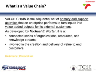 6
What is a Value Chain?
VALUE CHAIN is the sequential set of primary and support
activities that an enterprise performs to turn inputs into
value-added outputs for its external customers.
As developed by Michael E. Porter, it is a:
• connected series of organizations, resources, and
knowledge streams
• involved in the creation and delivery of value to end
customers.
Reference: VentureLine
 