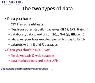 The  two  types  of  data
   • Data  you  have
      – CSV  ﬁles,  spreadsheets
      – ﬁles  from  other  sta>s>cs  packages  (SPSS,  SAS,  Stata,...)
      – databases,  data  warehouses  (SQL,  NoSQL,  HBase,...)
      – whatever  your  boss  emailed  you  on  his  way  to  lunch
      – datasets  within  R  and  R  packages

   • Data  you  don’t  have...  yet
      – ﬁle  downloads  &  web  scraping
      – data  marketplaces  and  other  APIs


Code & Data on github: http://bit.ly/pawdata   17
 