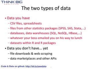 The  two  types  of  data
   • Data  you  have
      – CSV  ﬁles,  spreadsheets
      – ﬁles  from  other  sta>s>cs  packages  (SPSS,  SAS,  Stata,...)
      – databases,  data  warehouses  (SQL,  NoSQL,  HBase,...)
      – whatever  your  boss  emailed  you  on  his  way  to  lunch
      – datasets  within  R  and  R  packages

   • Data  you  don’t  have...  yet
      – ﬁle  downloads  &  web  scraping
      – data  marketplaces  and  other  APIs


Code & Data on github: http://bit.ly/pawdata   7
 