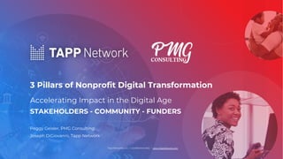 3 Pillars of Nonprofit Digital Transformation
Accelerating Impact in the Digital Age
STAKEHOLDERS - COMMUNITY - FUNDERS
Peggy Geisler, PMG Consulting
Joseph DiGiovanni, Tapp Network
Tapp Networks, LLC. | Confidential 2022. | www.TappNetwork.com
1
 