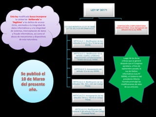 LEY Nº 30171
LEY QUE MODIFICA LA LEY Nº 30096,
LEY DE DELITOS INFORMÁTICOS
ARTICULO 1. Modificación de los
articulos 2,3,4,5,7,8 y 10 de la Ley
30096.
ARTICULO 2. Modificación de la
tercera, cuarta y undécima
disposiciones complementarias
finales de la Ley 30096.
ARTICULO 3. Incorporación del
artículo 12 a la Ley 30096.
ARTICULO 4. Modificación de los
articulos 158, 163 y 323 del Código
Penal.
ARTICULO 5. Incorporación de los
articulos 154-A y 183-B al Código
Penal.
ARTICULO 6. Modificación del
numeral 4 del articulo 230 del Código
Procesal Penal.
DISPOSICIÓN COMPLEMENTARIA
DEROGATORIA. Única derogación del
articulo 6 de la Ley 30096.
Esta ley modificada busca incorporar
la calidad de ‘deliberada’ e
‘ilegítima’ a los delitos de acceso
ilícito, atentados a la integridad de
datos informáticos y a la integridad
de sistemas, interceptación de datos
y fraude informáticos, así como el
abuso de mecanismos y dispositivos
de esta naturaleza.
Luego de las duras
críticas que se generó
después que el Congreso
aprobara, a fines de
septiembre pasado, la
Ley de Delitos
Informáticos (Ley N°
30096), el Gobierno del
presidente Ollanta
Humala promulgó las
modificaciones de siete
de sus artículos.
 