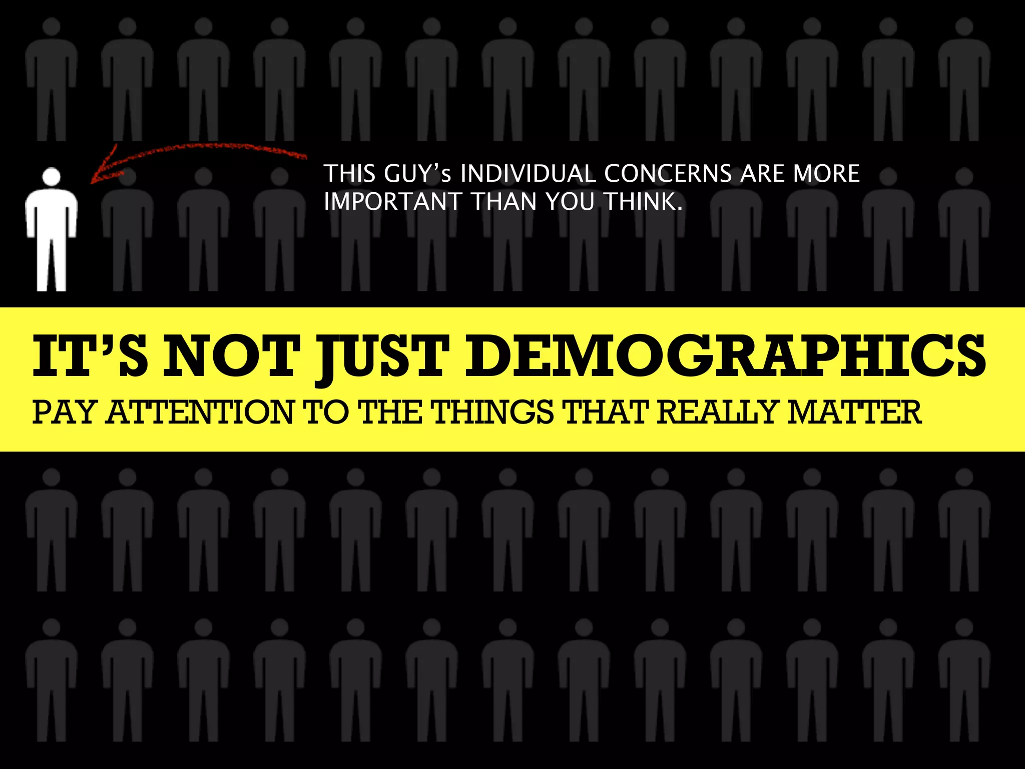 THIS GUY’s INDIVIDUAL CONCERNS ARE MORE
               IMPORTANT THAN YOU THINK.




IT’S NOT JUST DEMOGRAPHICS
PAY ATTENTION TO THE THINGS THAT REALLY MATTER
 