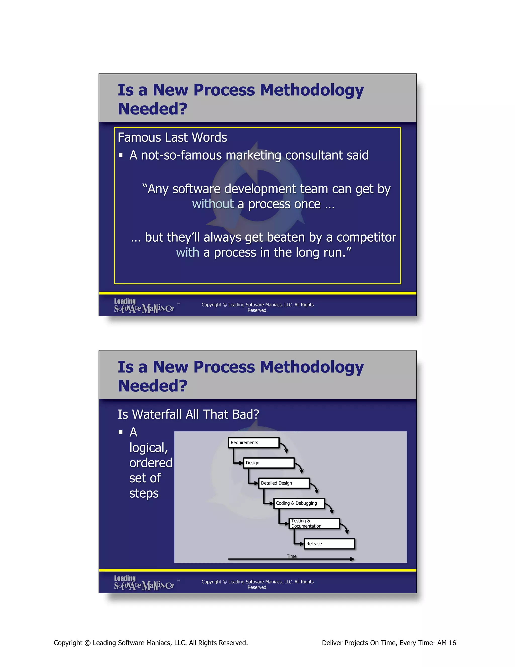 Is a New Process Methodology
Needed?
Famous Last Words
§  A not-so-famous marketing consultant said
“Any software development team can get by
without a process once …
… but they’ll always get beaten by a competitor
with a process in the long run.”

Copyright © Leading Software Maniacs, LLC. All Rights
Reserved.

Is a New Process Methodology
Needed?
Is Waterfall All That Bad?
§  A
logical,
ordered
set of
steps
Requirements

Design

Detailed Design

Coding & Debugging

Testing &
Documentation

Release
Time

Copyright © Leading Software Maniacs, LLC. All Rights
Reserved.

Copyright © Leading Software Maniacs, LLC. All Rights Reserved.

Deliver Projects On Time, Every Time- AM 16

 