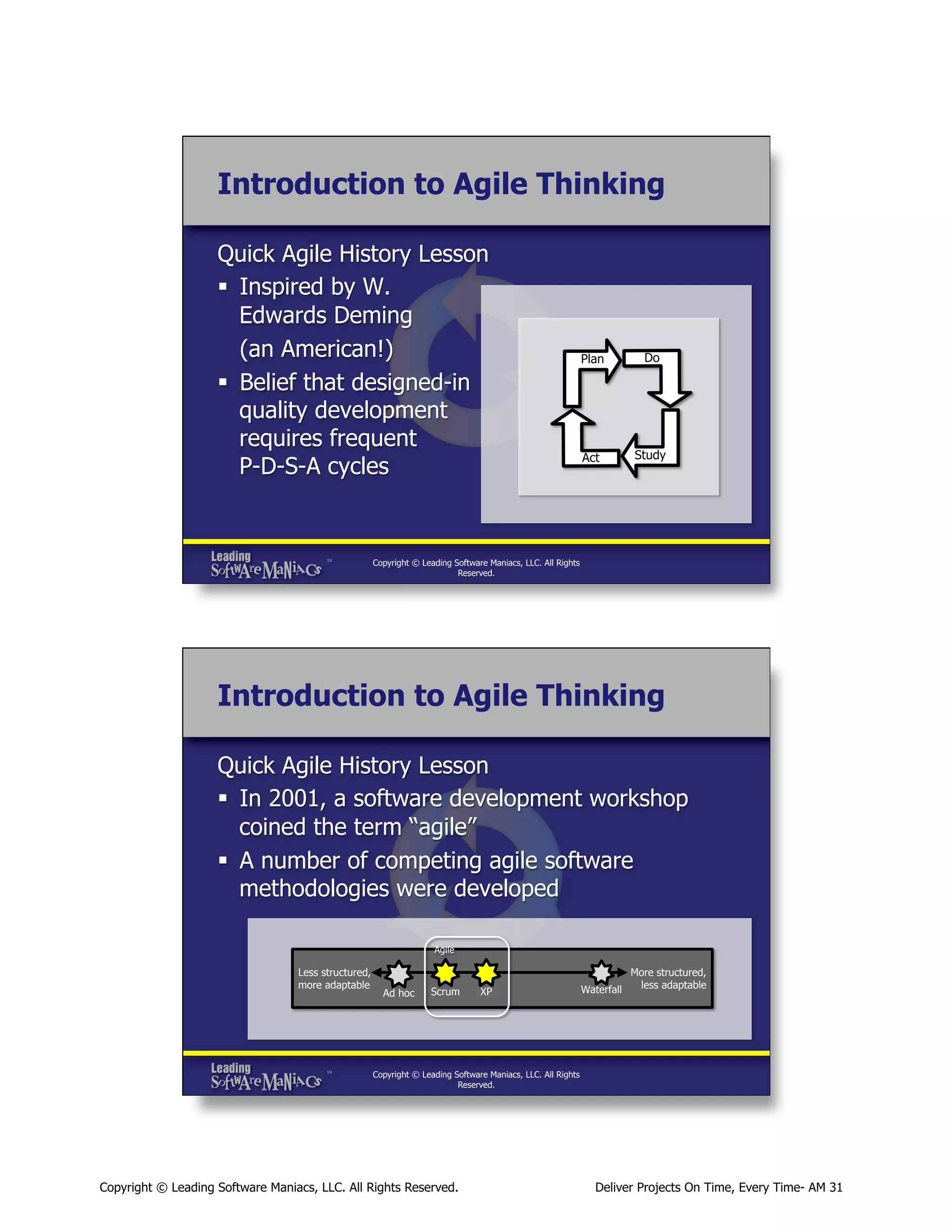 Introduction to Agile Thinking
Quick Agile History Lesson
§  Inspired by W.
Edwards Deming
(an American!)
§  Belief that designed-in
quality development
requires frequent
P-D-S-A cycles

Plan

Do

Act

Study

Copyright © Leading Software Maniacs, LLC. All Rights
Reserved.

Introduction to Agile Thinking
Quick Agile History Lesson
§  In 2001, a software development workshop
coined the term “agile”
§  A number of competing agile software
methodologies were developed
Agile

Less structured,
more adaptable

Ad hoc

Scrum

XP

Waterfall

More structured,
less adaptable

Copyright © Leading Software Maniacs, LLC. All Rights
Reserved.

Copyright © Leading Software Maniacs, LLC. All Rights Reserved.

Deliver Projects On Time, Every Time- AM 31

 
