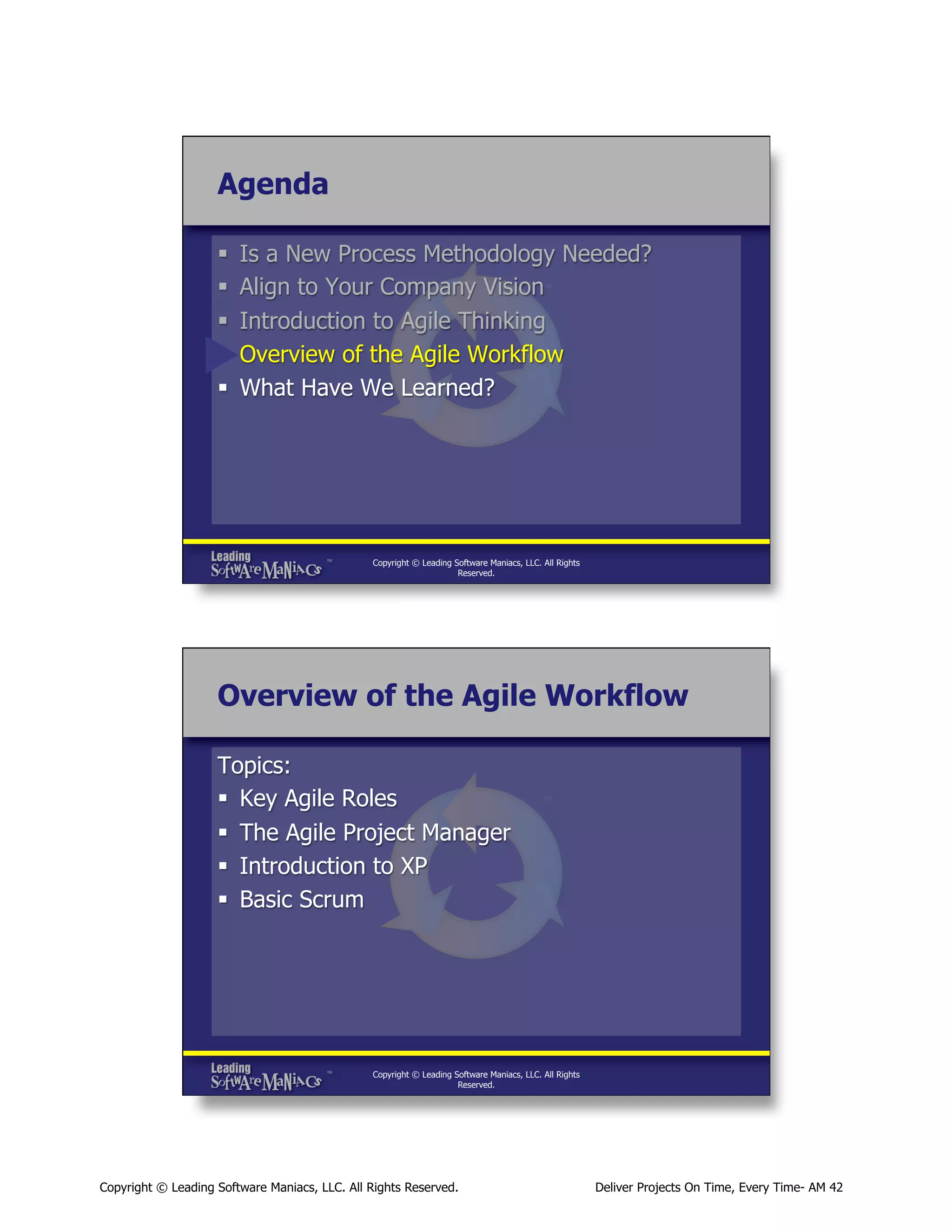 Agenda
§ 
§ 
§ 
§ 
§ 

Is a New Process Methodology Needed?
Align to Your Company Vision
Introduction to Agile Thinking
Overview of the Agile Workflow
What Have We Learned?

Copyright © Leading Software Maniacs, LLC. All Rights
Reserved.

Overview of the Agile Workflow
Topics:
§  Key Agile Roles
§  The Agile Project Manager
§  Introduction to XP
§  Basic Scrum

Copyright © Leading Software Maniacs, LLC. All Rights
Reserved.

Copyright © Leading Software Maniacs, LLC. All Rights Reserved.

Deliver Projects On Time, Every Time- AM 42

 