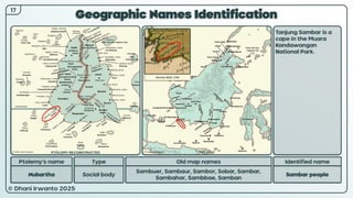 © Dhani Irwanto 2025
Geographic Names Identification
17
Ptolemy’s name Type
Nubartha Social body
Old map names
Sambuer, Sambaur, Sambor, Sobar, Sambar,
Sambahar, Sambbae, Samban
Identified name
Sambar people
Tanjung Sambar is a
cape in the Muara
Kandawangan
National Park.
Herman Moll, 1726
PTOLEMY RECONSTRUCTED PRESENT
 
