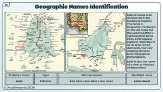 © Dhani Irwanto 2025
Geographic Names Identification
18
Ptolemy’s name Type
Louis Extreme
Old map names
Lao, Lave, Laue, Lava, Laua, Lawa
Identified name
Lawi, Lawai
Lawi or Lawai is an
ancient city in the
Ketapang Regency.
The name is
frequently mentioned
on the old maps but
the exact location is
controverted. Tomé
Pires, a Portuguese
explorer, described it
as an area rich of
diamonds, four-day
shipping distance
from Tanjompure
(Tanjungpura).
Lawi is also the name
of a river, a tributary
of Kayan River.
Christoph Homanno, 1730
PTOLEMY RECONSTRUCTED PRESENT
 