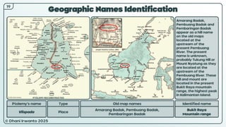 © Dhani Irwanto 2025
Geographic Names Identification
19
Ptolemy’s name Type
Vlispada Place
Old map names
Amarang Badak, Pembuang Badak,
Pembaringan Badak
Identified name
Bukit Raya
Mountain range
Amarang Badak,
Pembuang Badak and
Pembaringan Badak
appear as a hill name
on the old maps
located at the
upstream of the
present Pembuang
River. The present
name is unknown,
probably Tukung Hill or
Mount Nyatung as they
are located at the
upstream of the
Pembuang River. These
hill and mount are
located in the present
Bukit Raya mountain
range, the highest peak
in Kalimantan Island.
Joseph Hutchins Colton, 1855
PTOLEMY RECONSTRUCTED PRESENT
 
