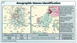 © Dhani Irwanto 2025
Geographic Names Identification
Ptolemy’s name Type
• Soana
• Soani
• River
• Region
Old map names
Sonee, Senar, Soné, Sone, Sona, Soengi
Identified name
Sungai [Sambas],
Sungai [Kapuas]
The names are found
on 18th and 19th century
maps indicating the
three rivers around the
Main Sambas River,
literary mean “river”
(“sungai”).
These are written as
Sone Sambas, Sone
Luban and Sone
Nangor.
The “sungai” can also
mean Kapuas River. It
originates in the Müller
mountain range at the
center of the island
and flows west into
the South China Sea.
Ioachim Ottens, 1710
25
PTOLEMY RECONSTRUCTED PRESENT
 