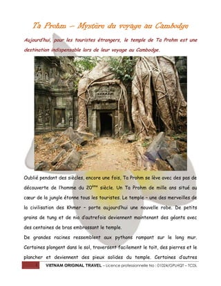 Ta Prohm – Mystère du voyage au Cambodge
Aujourd’hui, pour les touristes étrangers, le temple de Ta Prohm est une
destination indispensable lors de leur voyage au Cambodge.

Oublié pendant des siècles, encore une fois, Ta Prohm se lève avec des pas de
découverte de l’homme du 20ème siècle. Un Ta Prohm de mille ans situé au
cœur de la jungle étonne tous les touristes. Le temple – une des merveilles de
la civilisation des Khmer – porte aujourd’hui une nouvelle robe. De petits
grains de tung et de nia d’autrefois deviennent maintenant des géants avec
des centaines de bras embrassant le temple.
De grandes racines ressemblent aux pythons rampant sur le long mur.
Certaines plongent dans le sol, traversent facilement le toit, des pierres et le
plancher et deviennent des pieux solides du temple. Certaines d’autres
1

VIETNAM ORIGINAL TRAVEL – Licence professionnelle No : 01024/GPLHQT – TCDL

 